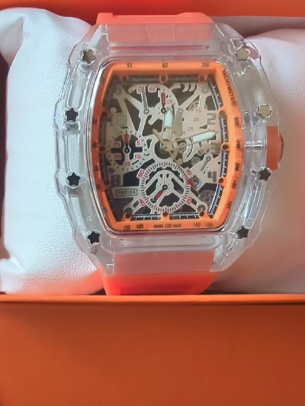 Transparent Case Orange Strap Skeleton Dial Sport Watch